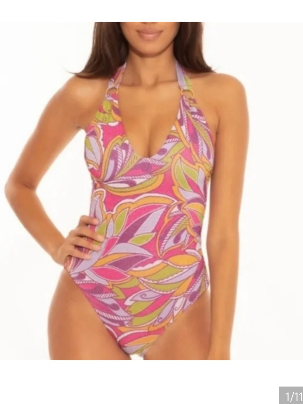 BECCA Pink Multi Halter One-Piece Swimsuit with Leaf Motif